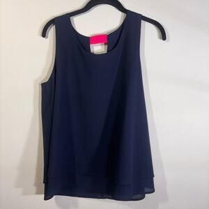 Paper Crane Navy Sleeveless Blouse Sz. Small Keyhole Back Sheer Layered